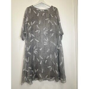 Buykud Silk Grey Dress Sz M/L 3/4 Sleeves Sheer Lagenlook Feather Prints Novelty